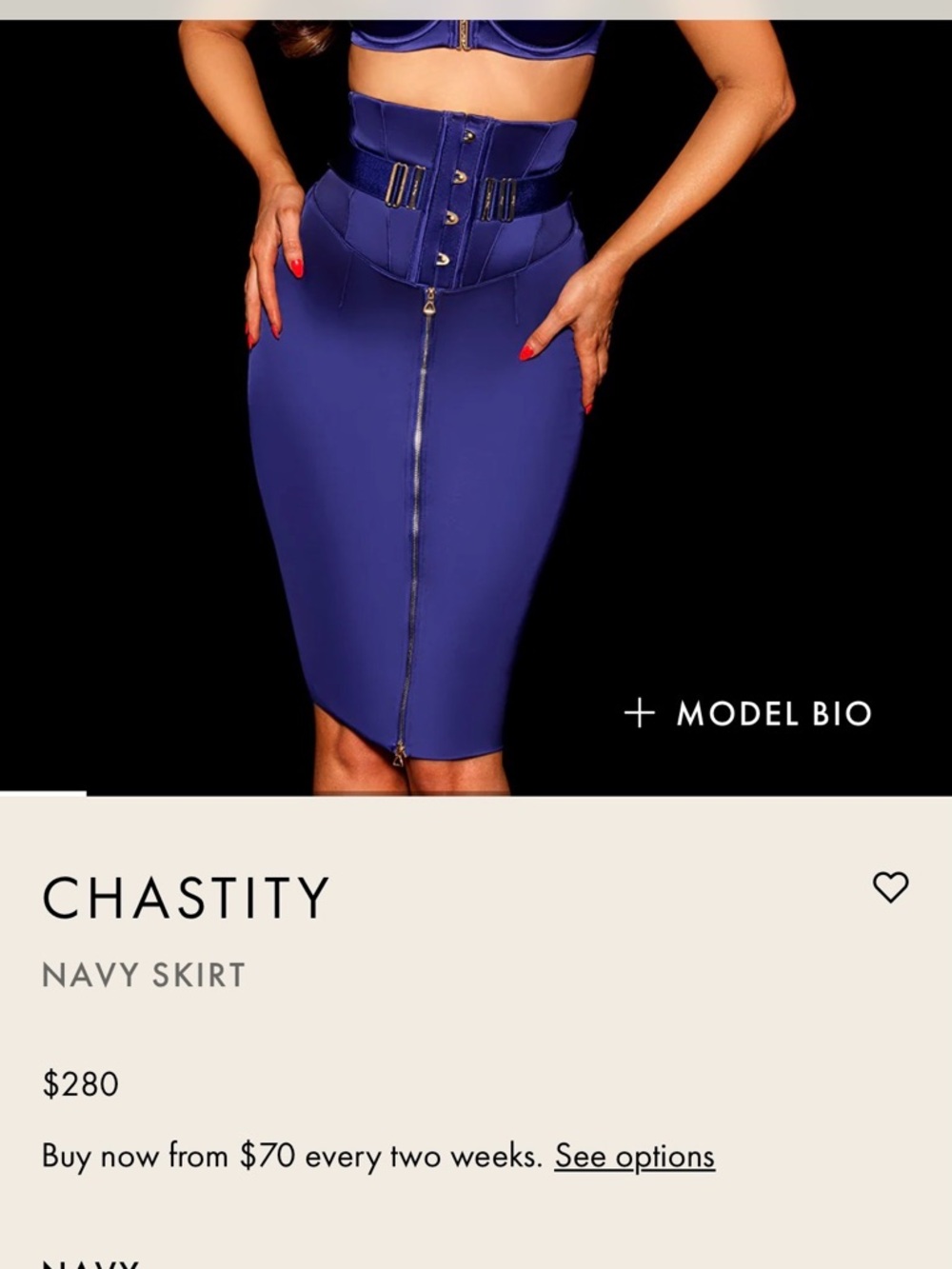 NWT Honey Birdette CHASTITY navy Satin skirt with corset waist/gold hardware